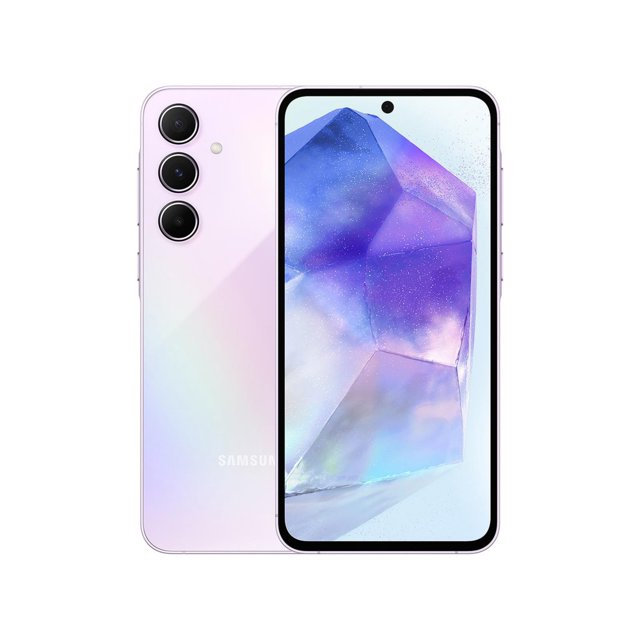 samsung galaxy a55 5g dual sim 256gb 8gb ram awesome lilac, vista frontal y trasera centrada; teléfono lila con pantalla AMOLED de 6.6" 120Hz y orificio de cámara frontal, bordes delgados y lector de huellas integrado en pantalla; trasera con módulo triple alineado verticalmente (sensor principal 50MP con OIS) y acabado perlado; adecuado para fotografía móvil y consumo multimedia.