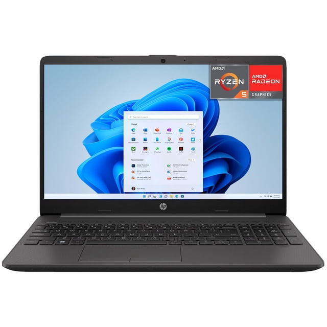 laptop hp 255 g9 amd ryzen 5 5625u 8gb ram 512gb ssd 15.6' windows 11 home teclado en español negro Vista frontal centrada de una laptop HP 255 G9 negra abierta con pantalla de 15.6" HD antirreflectante mostrando Windows 11 Home, teclado en español de tamaño completo, reposamanos texturizado, cámara en el bisel superior y bordes de pantalla delgados; diseñada como portátil para empresas y uso móvil, también suele usarse para tareas administrativas y teletrabajo.