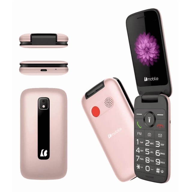 celular para adultos mayores bmobile c41 carterita 4g abrir y cerrar boton sos marcacion rapida camara radio lamparita Oro Bmobile C41 tipo flip con pantalla de 2.8 pulgadas y teclado XL; vista frontal abierta con botones grandes y pantalla activa, vista posterior con cámara VGA y banda negra, botón SOS rojo en el costado, puerto de carga inferior, linterna integrada y acabado oro mate, diseñado para uso sencillo y conectividad 2G/3G/4G VoLTE. Su tamaño compacto lo hace también adecuado como teléfono secundario para viajes.