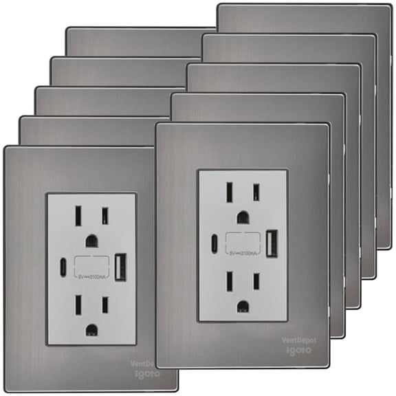 Tomacorriente USB A y USB C Inoxium1X1U1BSilver 10Pzas USB A/USB C/Contacto Duplex 110/125-250VCA 15A 50/60Hz 5VDC 3A Pl