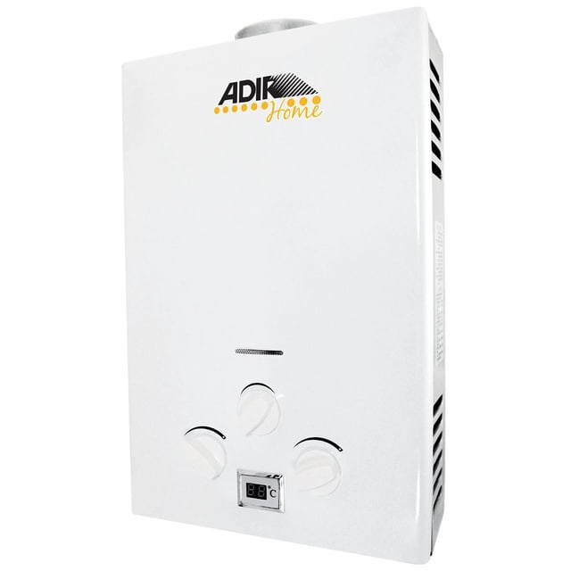 calentador de paso instantaneo ahorrador de 6 lts adir 2370-adir blanco, vista frontal centrada de unidad compacta con logotipo Adir arriba; tres perillas de ajuste en triángulo y pequeña pantalla digital en la parte inferior; ranuras de ventilación laterales y toma de salida superior. Entrada de agua 1/2 y tubos de latón según especificaciones; también suele usarse para calentar agua en redes de lavado y fregadero por su tamaño compacto.