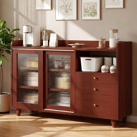 Muebles para Cocina, Armario de Cocina con 2 Puertas y 3 Cajones, Gabinete de Almacenamiento, Mueble Aparador para Sala de Estar, Comedor, 100 * 92 * 36 cm (Oscuro)