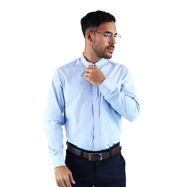 Camisa manga larga para hombre corte slim-fit con botones en el cuello down, estilo casual color azul marca Rams Cottons