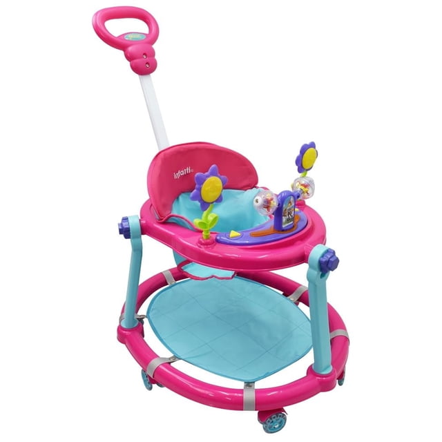 andadera infanti tablero electrónico rosa, vista frontal en 3/4 con mango de empuje trasero y asiento acojinado desmontable y lavable. Tablero musical con juguetes flor y piezas giratorias, soporte para pies, charola inferior acolchada, armazón circular con ruedas y freno; recomendada desde 7 meses, requiere baterías AA. También suele usarse para guardar o transportar juguetes pequeños en salidas cortas.
