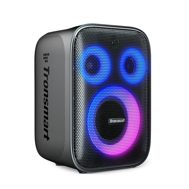 sistema de altavoces pa activo portátil tronsmart halo 200 altavoz PA portátil en vista 3/4 frontal con rejilla metálica negra y tres aros LED azules y morados; carcasa negra con logo Tronsmart, compatible con micrófono y guitarra, batería integrada para hasta 18 horas de reproducción y 5 modos de iluminación para ambiente de fiesta; también suele usarse como monitor portátil para pequeñas presentaciones.