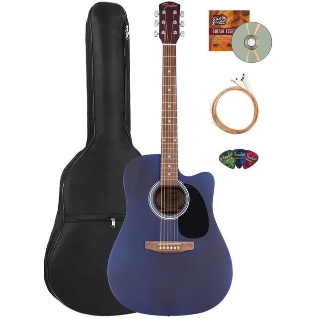 guitarra acústica-eléctrica fender fa series dreadnought blue guitarra dreadnought cutaway en azul satinado, vista frontal que muestra cuerpo laminado, diapasón de nogal con 20 trastes y marcadores de punto, puente de nogal, golpeador negro, electrónica Fender FE-A2 con afinador y controles, clavijas cromadas selladas; incluye funda, cuerdas, púas y DVD, también adecuada para práctica y grabación en casa.