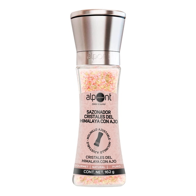 alpont gourmet molinillo sal rosa del himalaya y ajo 162 g molinillo ajustable, vista frontal centrada; frasco de vidrio transparente con cristales rosados y blancos, cabezal metálico cepillado con logotipo Alpont grabado y etiqueta que indica sazonador cristales del Himalaya con ajo, contenido neto 162 g; también adecuado como salero molinillo para condimentar en mesa.