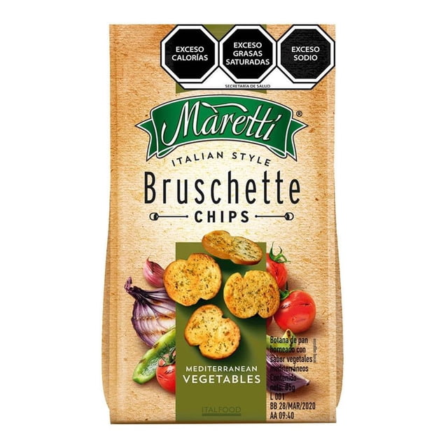 Pan horneado Maretti bruschette chips vegetales mediterráneos 85 g