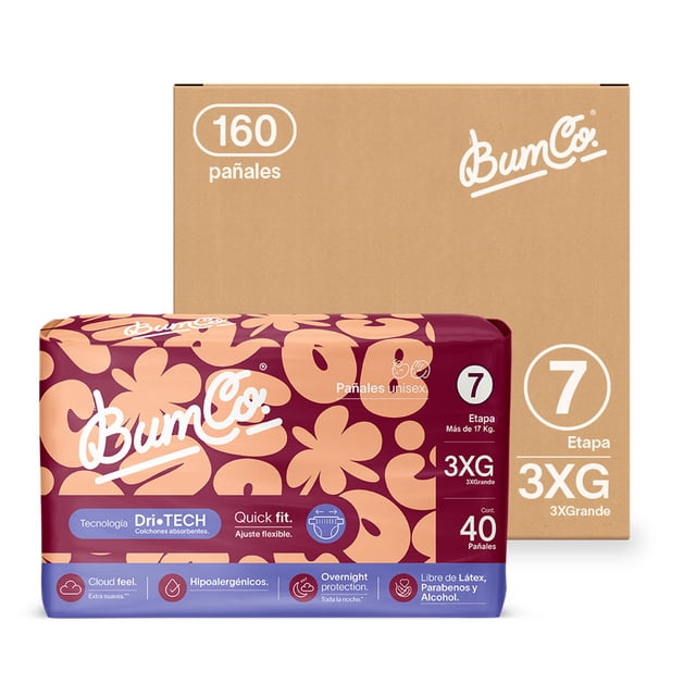 bum co.| pañal desechable premium* para bebé, etapa 7, 3xg (más de 17 kg), unisex, caja con 160 pz | overnight protection, cloud feel, hipoalergénicos, dri-tech Vista 3/4 frontal del paquete individual blanco y vino con logo Bum Co. blanco y motivos florales; iconos visibles que indican Dri‑TECH, Quick Fit, Cloud Feel y Overnight Protection; marca 3XG Etapa 7 en el frente y caja corrugada marrón al fondo con "160 pañales" y logo. También suele usarse como paquete de refuerzo para salidas nocturnas.