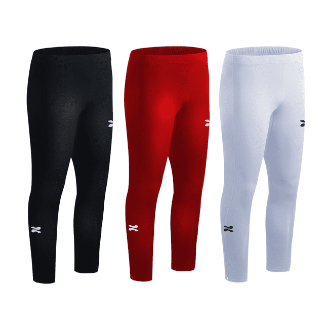 zapari licra deportiva larga interior para niño, mallas deportivas para hombre. leggins de compresió multicolor m Paquete de 3 licras compresivas en vista frontal centrada; talla M en negro, rojo y blanco, pretina elástica, corte ajustado hasta el tobillo, logotipo blanco en la pierna y tejido liso con secado rápido según especificaciones, fondo blanco; ideal para entrenamiento o correr.