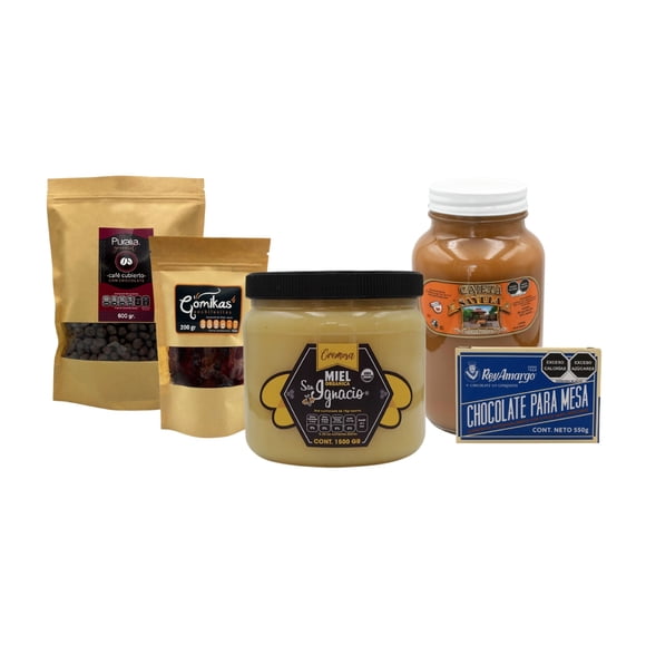 Paquete dulce tentacion: Miel organica, cajeta tradicional, café cubierto de chocolate, chocolate de mesa tradicional y panditas enchiladas