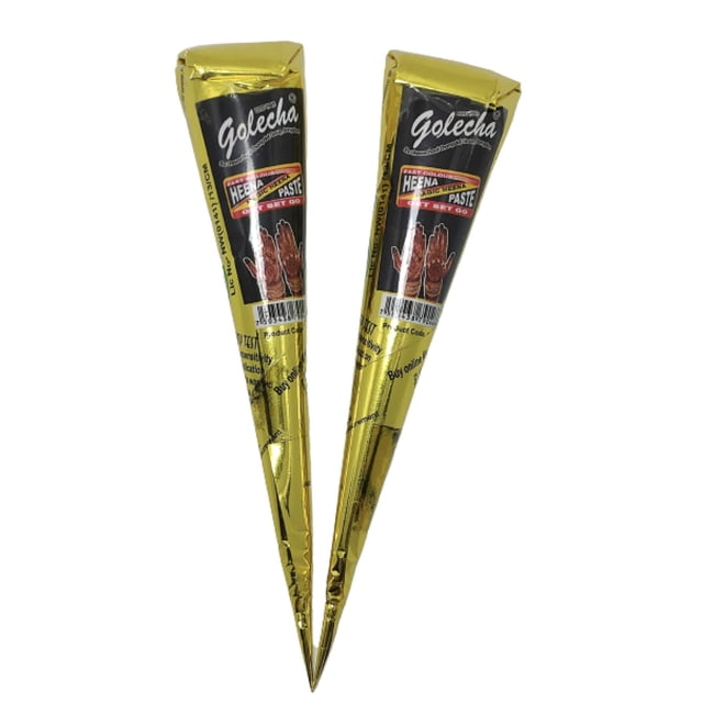 henna natural golecha para tatuajes temporales 2 conos delineador mehndi colores a escoger Nuevo par de conos delineadores Golecha color negro, cada cono ±25 g y 15x2 cm; envase cónico dorado con etiqueta negra y texto, sobre fondo blanco. Para trazos mehndi detallados y también adecuado para prácticas de dibujo temporal sobre piel.