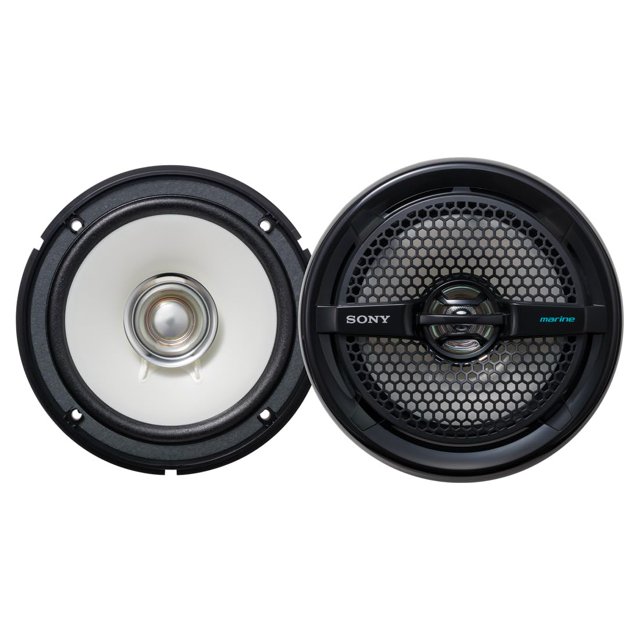 altavoces marinos sony xs-mp1611 dual cone 140w - negro vista frontal centrada de un par: cono izquierdo blanco con caperuza central y aro de goma negro; derecho con rejilla negra hexagonal, franja central con logo Sony y texto 'marine', diámetro aprox. 6.5 pulgadas, diseño de doble cono y montaje frontal/trasero; también adecuados para instalación en embarcaciones y áreas exteriores.