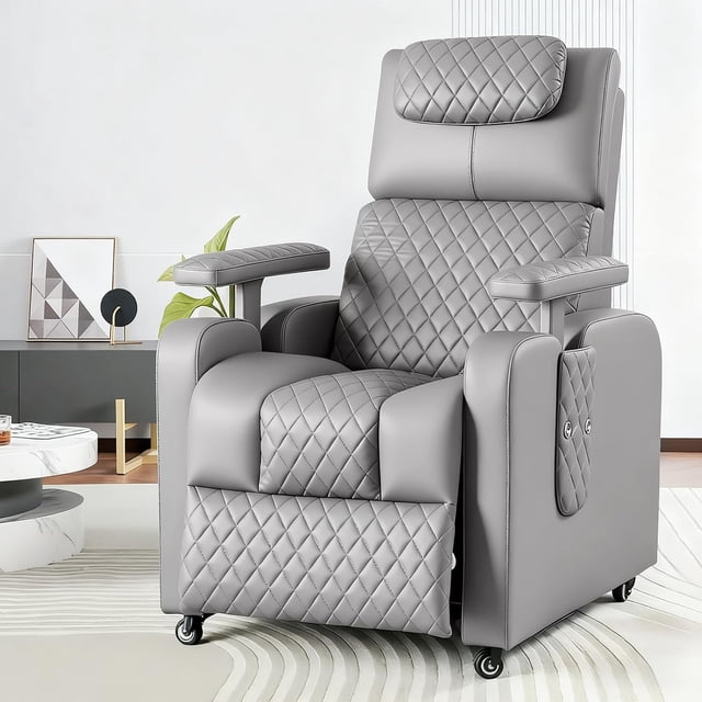 sillon masajeador, sillon reclinable adultos 8 modos de masaje con soporte lumbar, reposapiés retráctil, reposabrazos y reposacabezas ajustables, ruedas 360°, para sala y dormitorio (gris) Sillón reclinable frontal gris con respaldo alto y cojín de cabeza ajustable, soporte lumbar acolchado con patrón rombo, asiento y reposabrazos tapizados en cuero gris con costuras visibles, reposapiés retráctil cerrado y ruedas 360° en la base; ideal para sala o dormitorio y frecuentemente usado para lectura o cine en casa.