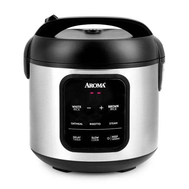aroma® - arrocera digital, 4 tazas (sin cocinar) / 8 tazas (cocida), vaporizador, multicocina, olla de avena, mantiene caliente automáticamente, 2 cuartos de galón, exterior de acero inoxidable Vista frontal centrada de la arrocera Aroma® en exterior de acero inoxidable con tapa y asa negra; panel frontal negro con pantalla LED y botones para White Rice, Brown Rice, Oatmeal, Risotto, Steam, Delay Timer, Slow Cook y Keep Warm; base negra y acabado cepillado. Adecuada para cocinar arroz, vaporizar verduras y usar función de cocción lenta; a menudo usada para preparar porciones individuales o familiares.