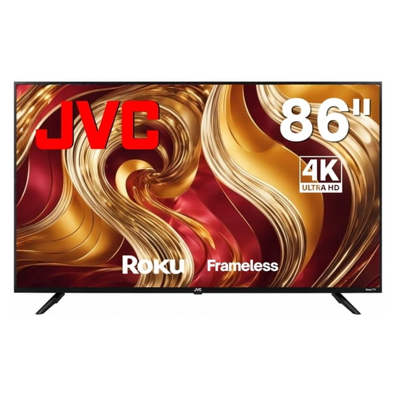 JVC  Smart TV 86 pulgadas  4K UHD LED  Frameless  Roku TV  WiFi  4 HDMI 2 USB AV  Netflix YouTube Prime Video  Modelo SI86URF