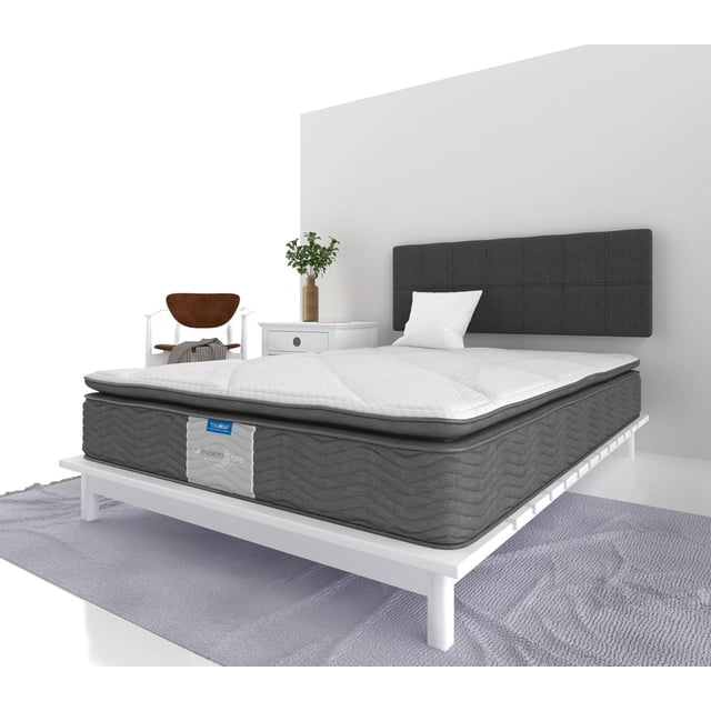 colchon matrimonial duna restonic colleccion duna random colchón matrimonial gris con pillow top y etiqueta Restonic, soporte medio a semifirme con resortes continuos y laterales matelassé; vista frontal centrada sobre base blanca baja y cabecera tapizada gris, almohada blanca. Diseño ortopédico que ayuda a aliviar puntos de presión, requiere solo rotación cada 4 meses y a menudo se usa para acomodar visitas temporales.