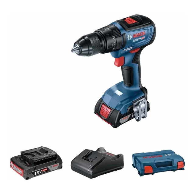 taladro rotomartillo 1/2in 2 vel + 2 baterías cargador bosch bosch 19h5-1g0 taladro rotomartillo inalámbrico azul Bosch con mandril 1/2 in de apriete rápido, velocidad variable y control de torque (28/50/50 Nm); incluye 2 baterías 18V 2.0Ah, cargador rápido bivolt y maletín; vista 3/4 frontal del taladro y accesorios alineados abajo, también apto para tareas de atornillado e impacto en obra ligera.