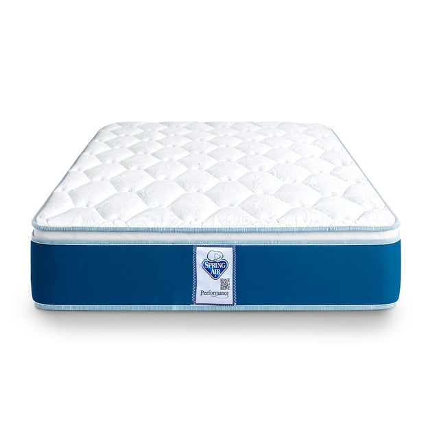 colchon spring air cota queen size colchón queen con tapa acolchada pillow top de altura intermedia y base lateral azul con etiqueta Spring Air; resortes continuos Performance y capas de espuma de alta densidad en zonas precisas para soporte medio y sistema Never Turn, ideal para quienes buscan alivio de puntos de presión en hombros, cadera y cintura.