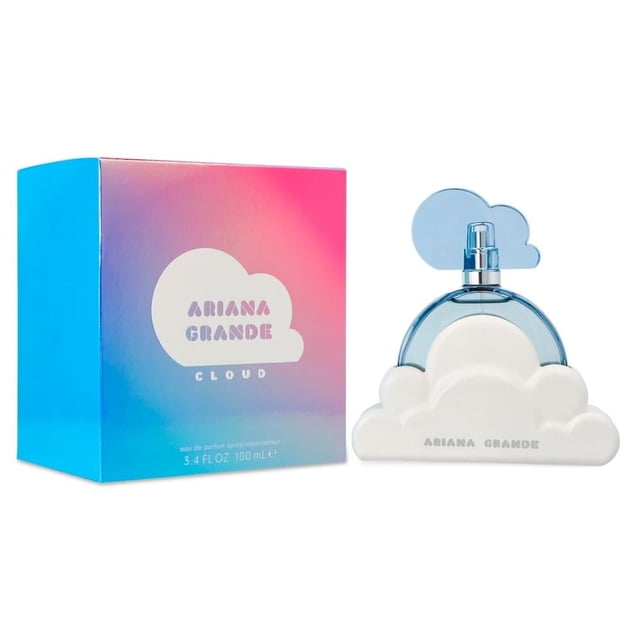 perfume ariana grande cloud agua de perfume 100ml dama con frasco en forma de nube transparente y base blanca, atomizador y detalle superior azul claro; caja degradada rosa a azul con logo de nube a la izquierda; aroma floral y frutal estilo gourmand, 100 ml.
