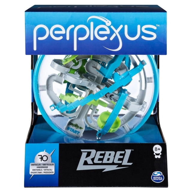 juego de mesa spin master perplexus rebel Bola laberinto 3D transparente vista frontal; pista numerada con piezas azules, verdes y grises, 70 obstáculos, giro 360° para mover la bolita, desarrolla destreza y coordinación, marca Spin Master Games, recomendado 8+ años.