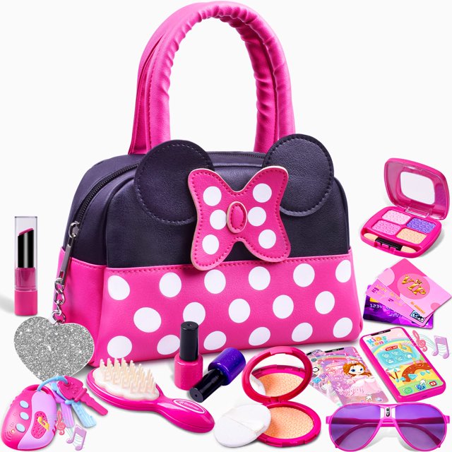monedero pretend play kaodezhu para niñas con juguetes de maquillaje de 3 a 6 años set con bolso rosa y morado de lunares blancos y lazo, asas acolchadas; incluye teléfono y control remoto con luz y sonido (pilas AAA no incluidas), espejo compacto con sombras falsas, pintalabios, esmaltes, peine, llaves y tarjetas de juego; ideal para juegos de rol y también adecuado como set de viaje para muñecas.