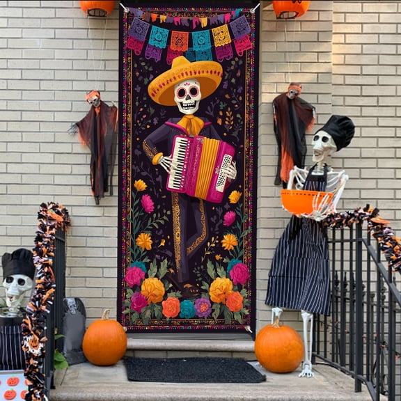 Decoraciones de Halloween, 35 x 71 pulgadas, cubierta de puerta de Halloween y Día de Muertos, decoración de puerta de Halloween y Día de Muertos, decoración de fiesta de festival, cubierta de puerta