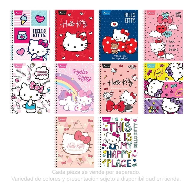 cuaderno profesional norma hello kitty cuadro 5, 100 hojas varios modelos 1 pza Multicolor — Composición frontal con 11 portadas argolladas, tamaño 28x21x1 cm; diseños Hello Kitty con corazones, arcoíris y texto decorativo, guardas impresas y argollado doble. Ideal para notas, diarios o dibujo y para llevar en bolso.