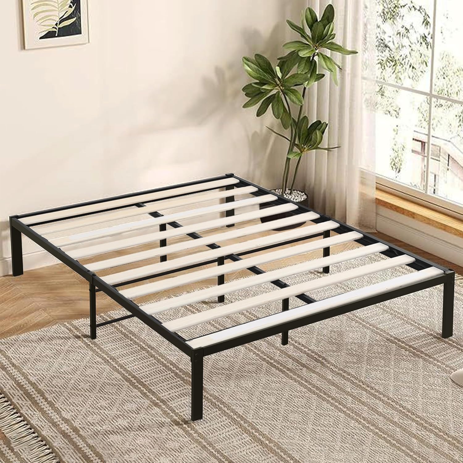 Base de Cama Individual Marco de Cama de Metal con Listones de Madera Duraderos, Sin Ruido, No Necesita Somier,Montaje Fácil 195 x 135 x 40 cm