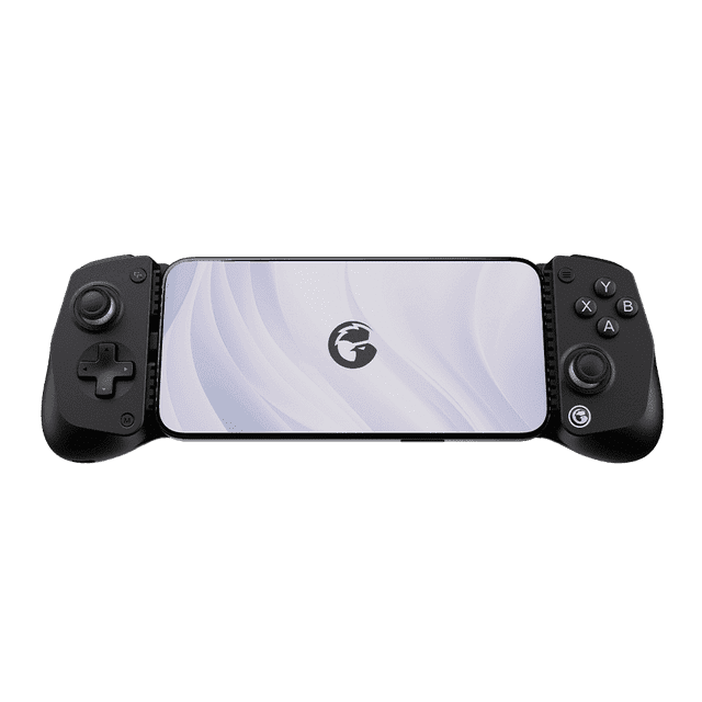 gamesir control de juegos móviles x5 lite con palancas de efecto hall, personalización turbo y carga translúcida, para la serie iphone 16/15, ipad mini y android (negro) vista frontal con teléfono montado horizontal entre empuñaduras negras; cuerpo ergonómico y ligero con agarres texturizados grabados, sticks analógicos Hall Effect y cruceta izquierda, botones A/B/X/Y y gatillos de membrana visibles, puerto inferior para carga pasante, y diseño compacto adecuado para largas sesiones de juego y transporte.