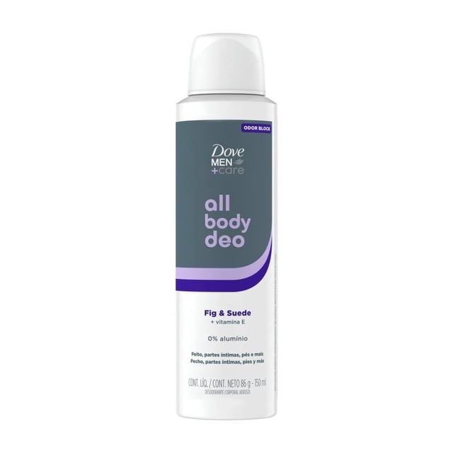 desodorante dove men+care all body deo aerosol fig & suede vista frontal centrada de spray corporal blanco y gris con etiqueta morada que muestra "all body deo" y "Fig & Suede", tapa blanca; indicaciones en etiqueta para uso en pecho, partes íntimas, muslos y pies; también apto para refrescar la piel tras la ducha.