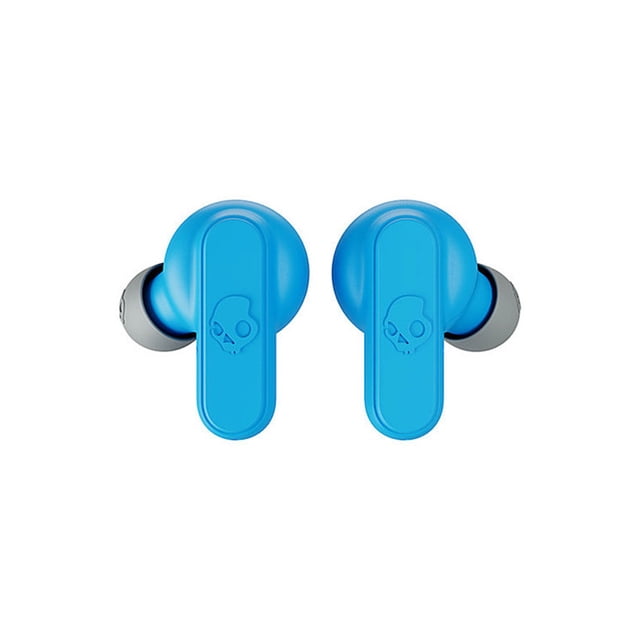 audifonos tws skullcandy dime azul/gris s2dmw-p751 audífonos intraaurales True Wireless en azul con detalle gris, vista frontal centrada de ambos auriculares con vástago corto y logo Skullcandy en relieve, puntas de silicón grises, especificados para música sin cables y con batería recargable; suelen usarse también para llamadas y trayectos.