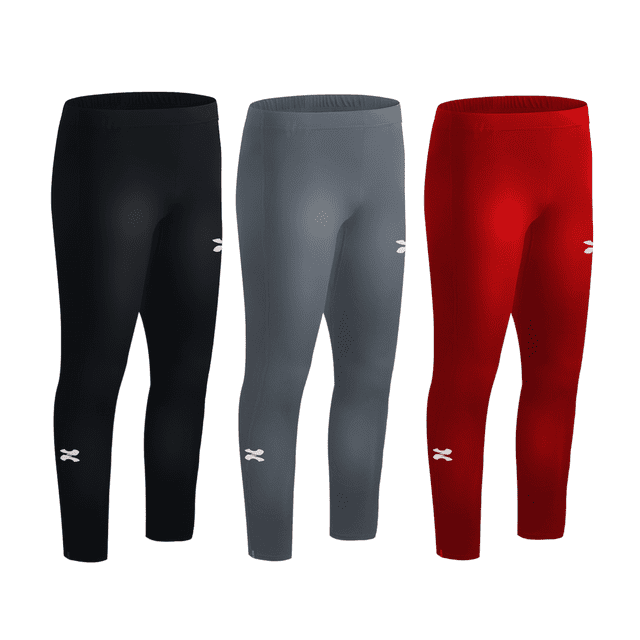 zapari licra deportiva larga interior para niño, mallas deportivas para hombre. leggins de compresió multicolor s Paquete de 3 licras compresivas multicolor — negro, gris y rojo — vista frontal, corte largo hasta el tobillo con pretina elástica y silueta ajustada; tela lisa de secado rápido y logos blancos pequeños en la parte baja de la pierna. Adecuadas para entrenamiento, correr o gimnasio; también usadas como capa interior de compresión.