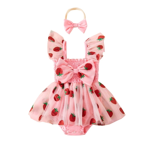 Conjunto de 2 piezas para bebé niña: cómodo pelele sin mangas con cuello cuadrado y estampado de fresas, y diadema con lazo.