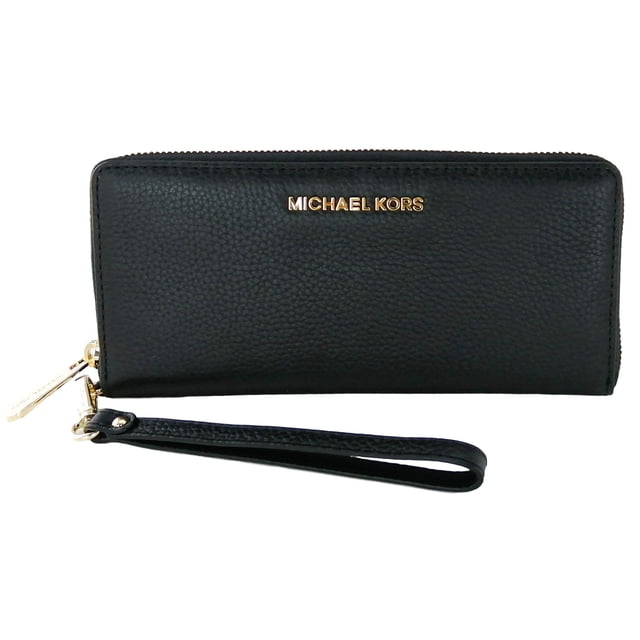 michael kors - portafolios grande continental para mujer, piel de guijarro, negro/oro, large size wallet wallet, portafolios continental Cartera continental grande Michael Kors en piel de guijarro negra con placa de logotipo dorada centrada, cremallera perimetral y correa de muñeca desmontable de 7.5 pulg. (19 cm); medidas 8.25 x 4 x 1 pulg., ideal para llevar teléfono, tarjetas y efectivo en viajes.