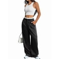 thumbnail image 3 of Pantalones Anchos y Holgados para Mujer, Estilo Palazzo Harén, Informales, A Rayas, con Cintura Elástica y Bolsillos Negro L, 3 of 7
