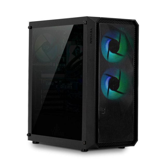 pc gamer yeyian tanto x02 ypi-ta07kfb-3701m nvidia geforce rtx 3070 intel core i7-10700f 16gb 1tb ssd 650w plus gold wifi torre negra, vista 3/4 con panel lateral de vidrio templado y frente de malla; ventiladores RGB frontales dobles visibles, interior con placa y disipador expuesto y logo YEYIAN en el chasis. También suele usarse para edición y streaming por su hardware potente.