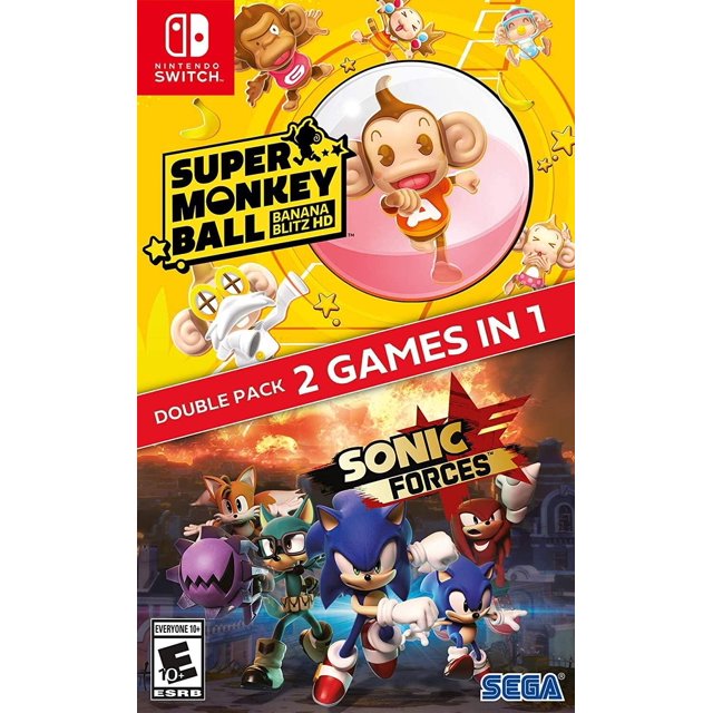 sonic forces+super monkey ball nintendo switch standard portada doble: vista frontal dividida; arriba logo de Super Monkey Ball Banana Blitz HD con mono dentro de esfera rosa sobre fondo amarillo y personajes secundarios; franja roja central con texto "2 GAMES IN 1"; abajo ilustración de Sonic Forces con Sonic y otros personajes en escena urbana rojiza; logos Nintendo Switch y SEGA.