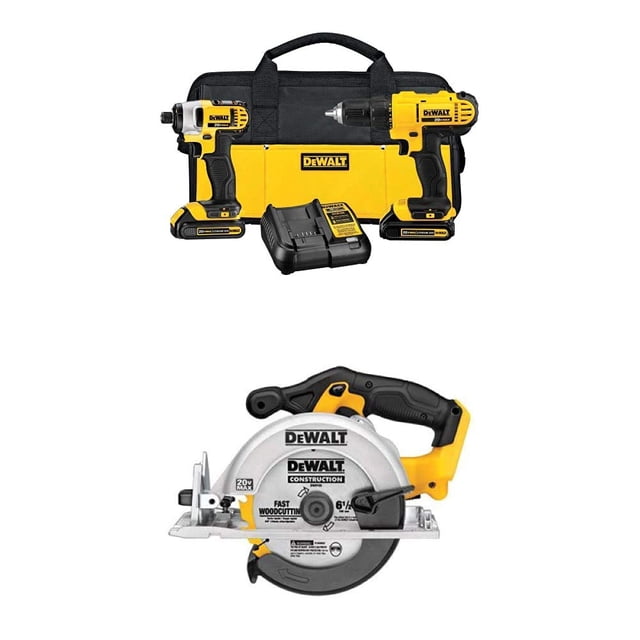 kit combinado dewalt dck240c2 de litio, destornillador de impacto, 20 v juego con el destornillador de impacto DCF885 y el taladro percutor DCD771; incluye baterías 20 V, cargador y maletín blando. Vista frontal de las herramientas con cuerpos amarillos y empuñaduras negras con superficie texturada, apropiado para tareas de taladrado y atornillado en el hogar y usos de mantenimiento doméstico.