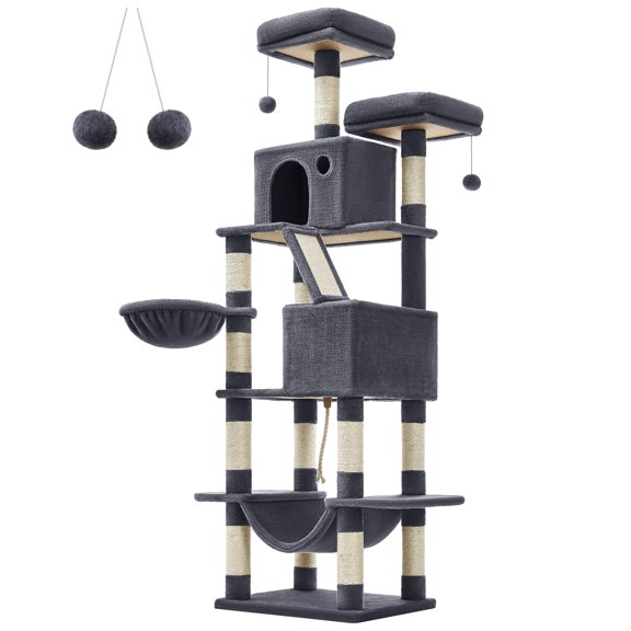 Feandrea Árbol para Gatos de 206 cm de Altura, Torre de Gatos con 13 Poste, 2 Cuevas, 2 Plataformas, Cesta, Pompón, Hamaca, Gris Ahumado
