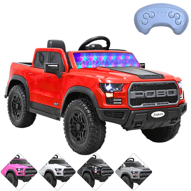 camioneta eléctrica montable joykoo para niños 12v control remoto bluetooth luces sonidos apta desde 3 años - rojo, vista frontal 3/4 de camioneta infantil roja con parrilla negra y logo, faros delanteros encendidos, parabrisas con luces LED multicolor, puertas que abren, volante con sonidos y asiento con cinturón; ruedas robustas de plástico, carrocería de plástico PP, cajuela trasera visible; incluye control remoto parental y batería 12V recargable; adecuada para niños 3–5 años y juego supervisado.