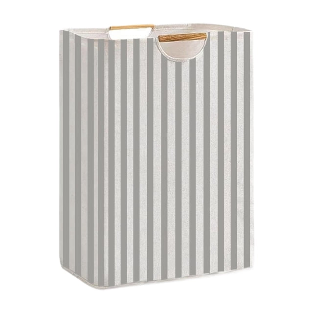 cesto para ropa sucia, cesta para ropa sucia, cesta para ropa sucia para armario de guardería, dormitorio a rayas Cesta plegable de lino algodón de 72 L (40 x 30 x 60 cm) con asas de bambú; formato vertical rectangular con rayas grises y blancas y abertura superior con asas recortadas, ideal para cuarto de lavado, dormitorio o como cesta decorativa para toallas.