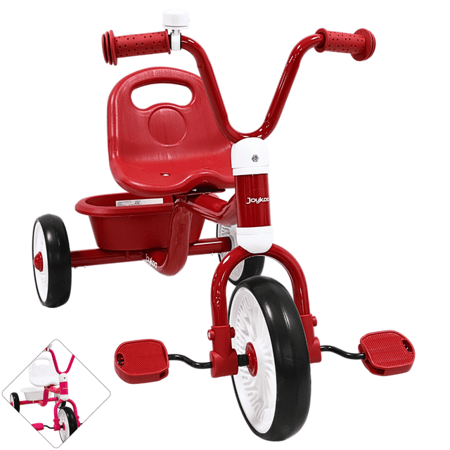 triciclo para niños joykoo asiento ajustable ruedas de eva con canasta apto a 2 años soporta hasta 25 kg Triciclo Joykoo rojo en vista 3/4 frontal con asiento plástico ajustable, manubrio con mangos de goma y campanilla blanca, rueda delantera grande y dos ruedas traseras EVA, canasta trasera para juguetes y pedales planos; material acero, recomendado 2 a 6 años, medidas aprox. 76 x 44 x 55 cm. Su tamaño lo hace adecuado para llevar juguetes en salidas cortas.