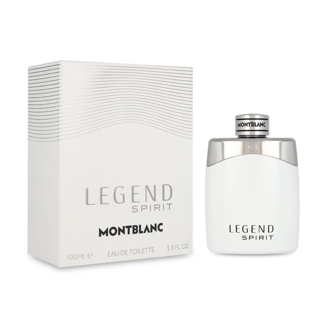 mont blanc legend spirit 100 ml edt spray Frasco blanco mate con tapa plateada y logo Montblanc, frontal junto a caja blanca con texto "LEGEND SPIRIT". Fragancia amaderada aromática para hombre; notas de salida: bergamota, pimienta rosa y toronja; corazón: cardamomo y lavanda; fondo: musgo de roble y almizcle blanco. Apto también para llevar en neceser de viaje por su formato compacto.