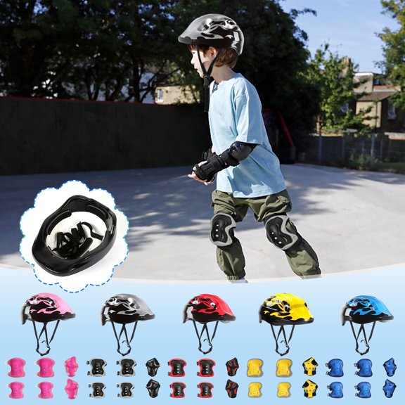 Juego de cascos y protecciones para niños | Equipo de protección de 7 piezas para ciclismo, skate, patinaje en línea | Casco ABS ajustable, rodilleras, codados, muñequeras | Ligero, transpirable
