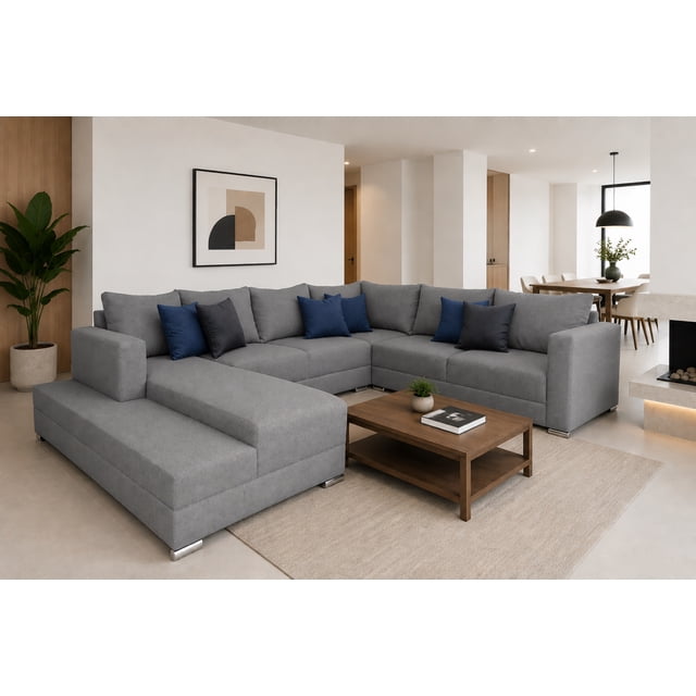sala esquinera en u el bazar store corbel gris plata moderna en u 200x315x255 cm sala en U Corbel tapizada en lino gris plata, vista 3/4 frontal; compuesta por 3 piezas que forman una U con chaise izquierda, respaldo alto y cojines sueltos rellenos de hule espuma y delcron, patas metálicas cortas y asientos profundos. Ambientada en sala contemporánea con mesa de centro de madera. Medidas: frente 315 cm, derecho 255 cm, izquierdo 200 cm, profundidad 90 cm, alto 85 cm. Ideal también como área de descanso y lectura en espacios familiares.