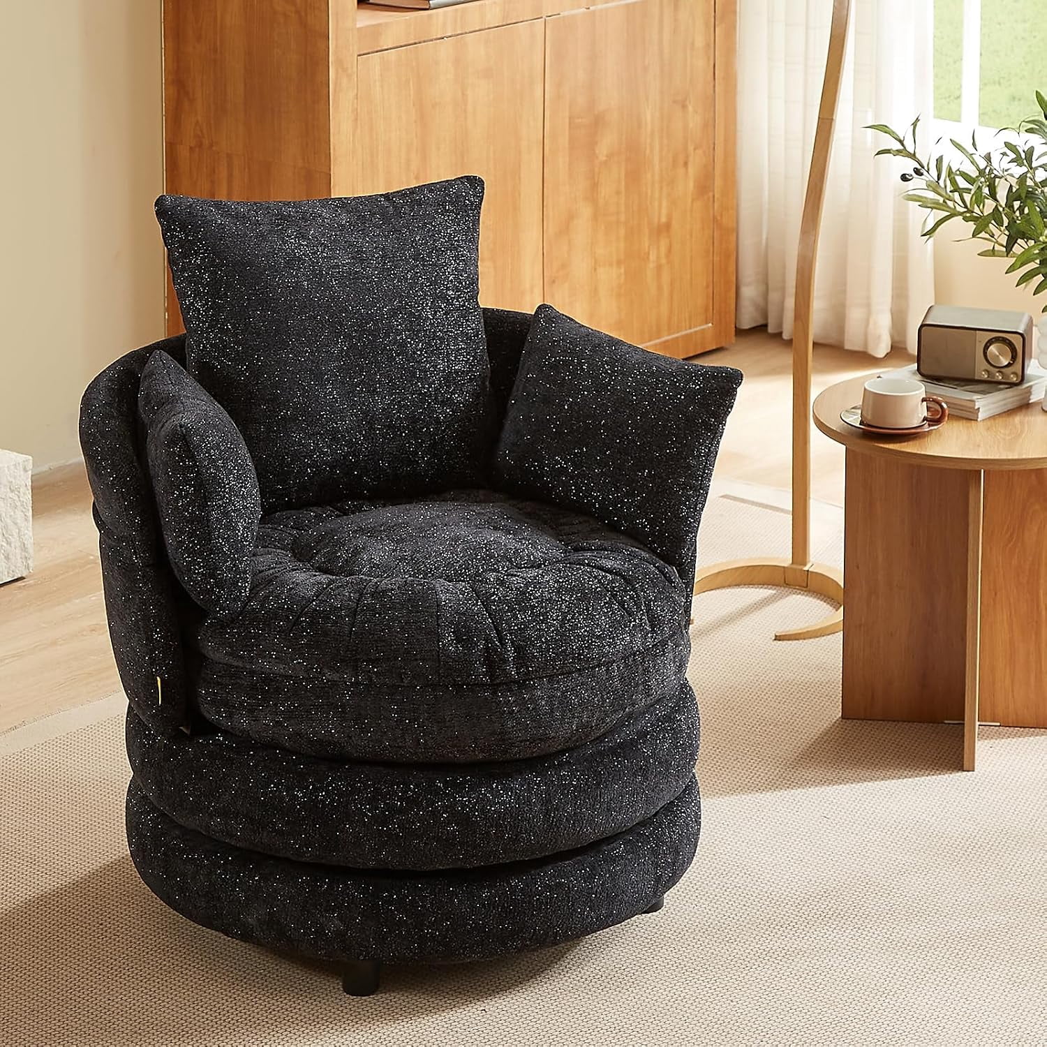 Sillón Individual Pinmoco con 3 Cojines Traseros, 360° Giratorio Convertible a Reposapiés, Tela Chenilla para Sala de Estar, Negro