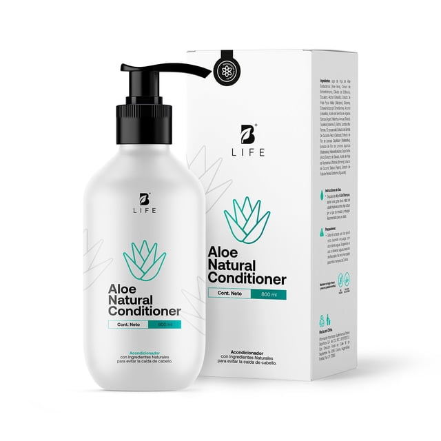 acondicionador natural de 800ml | sin parabenos ni sulfatos con aloe | natural conditioner | b life. Botella de 800 ml con dispensador negro, etiqueta blanca con icono de aloe y logotipo B Life y caja a juego; indicado en el título como sin parabenos ni sulfatos. Suele emplearse por su dosificador para aplicar de medios a puntas.