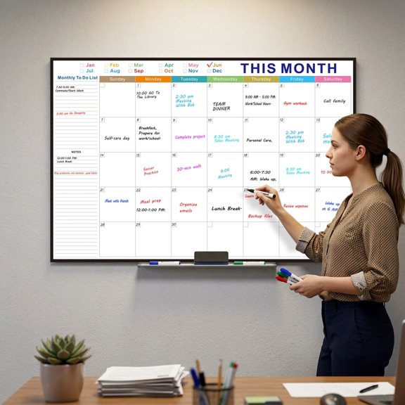 Calendario grande de pizarra blanca de 48 x 32 pulgadas, planificador mensual de pared sin fecha con marco negro y bandeja para marcadores para el hogar, la oficina o la escuela.