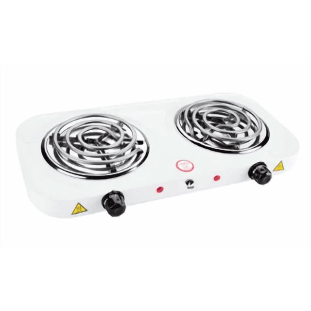 parrilla eléctrica xtellar 2 quemadores acero inoxidable color blanco, vista frontal 3/4 con dos hornillas espirales de acero inoxidable sobre carcasa blanca, perillas negras frontales y luces indicadoras rojas; de pie, 127V, encendido automático y control por perillas; también adecuada para cocinas pequeñas o uso portátil.